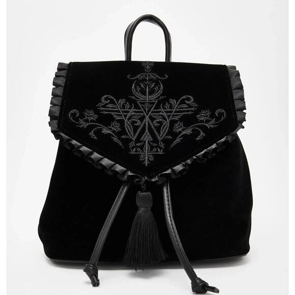 Gothic Victorian Witchy Black Velvet Embroidered Mini Backpack Bucket Purse Bag - Picture 9 of 10